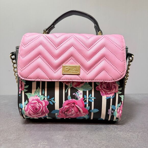 Love Betsey by Betsey Johnson Handbags - Love Betsey by Betsey Johnson Floral Stripe Crossbody Satchel Pink Chevon Handle
